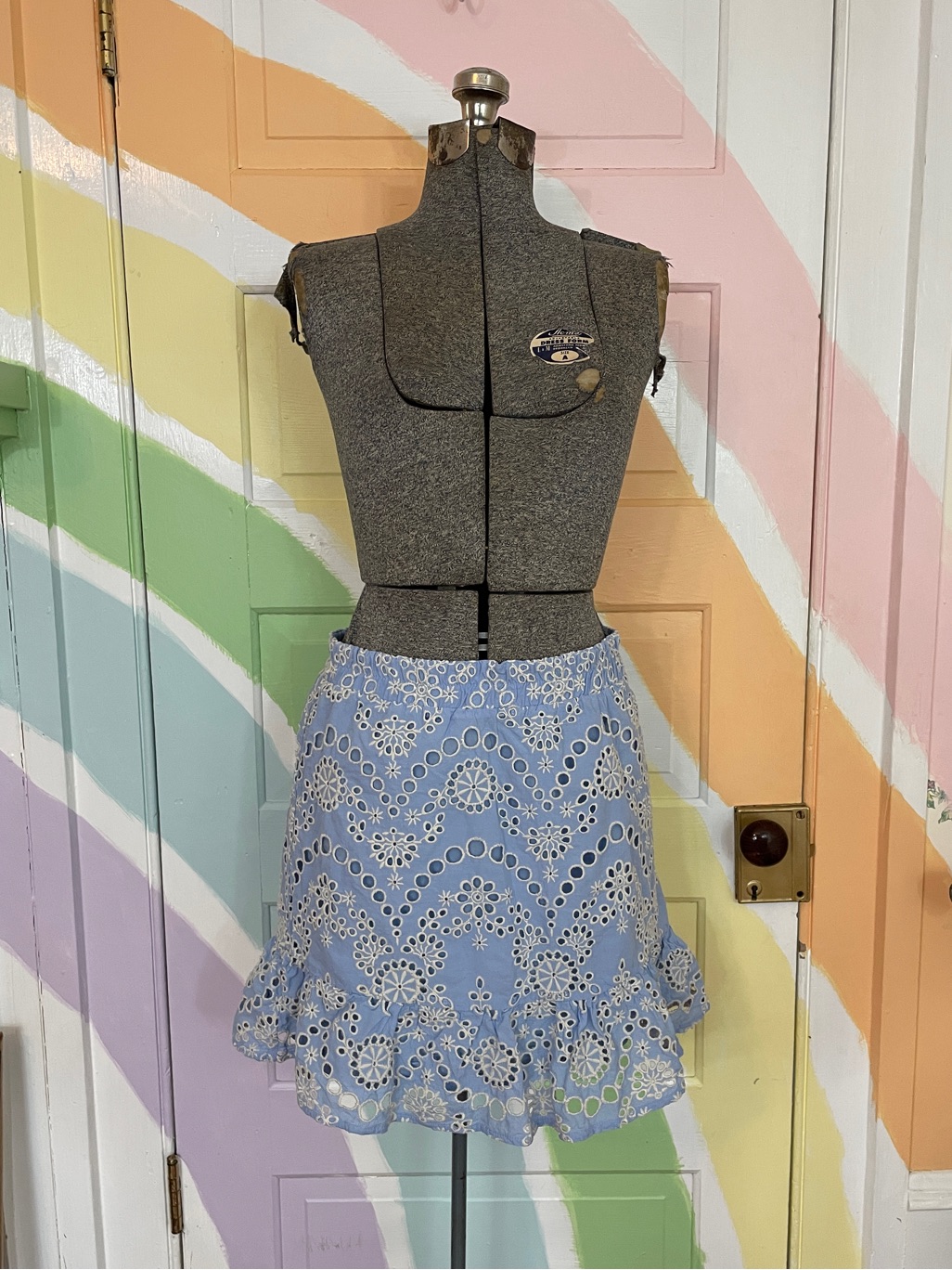 Nvlt Blue Chambray Eyelet Tiered Cotton Pull On Mini Skirt Sz M